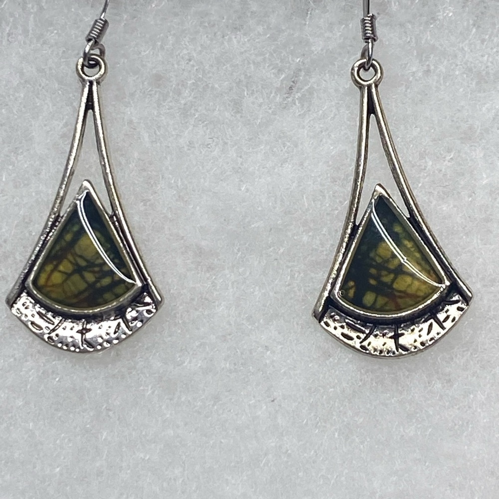Silver Drop Earrings with Olive Green Laboradite Inlay